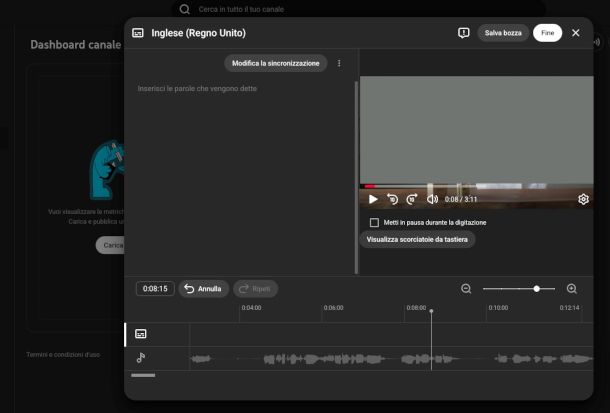 schermata YouTube Studio per aggiunta sottotitoli