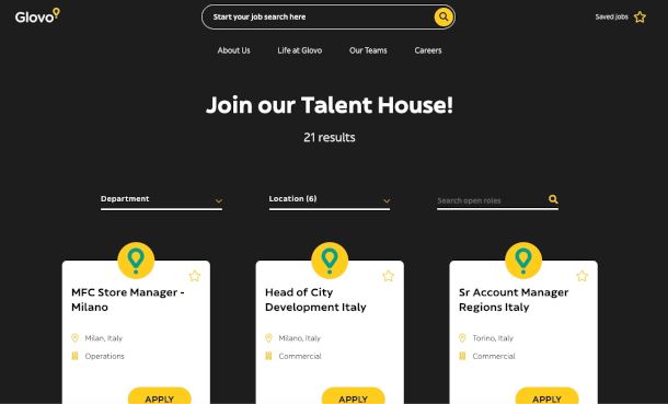 sito Careers di Glovo
