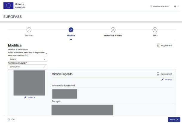 Modifica CV Europass
