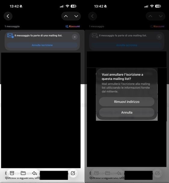 Annullare iscrizione newsletter app Mail iOS
