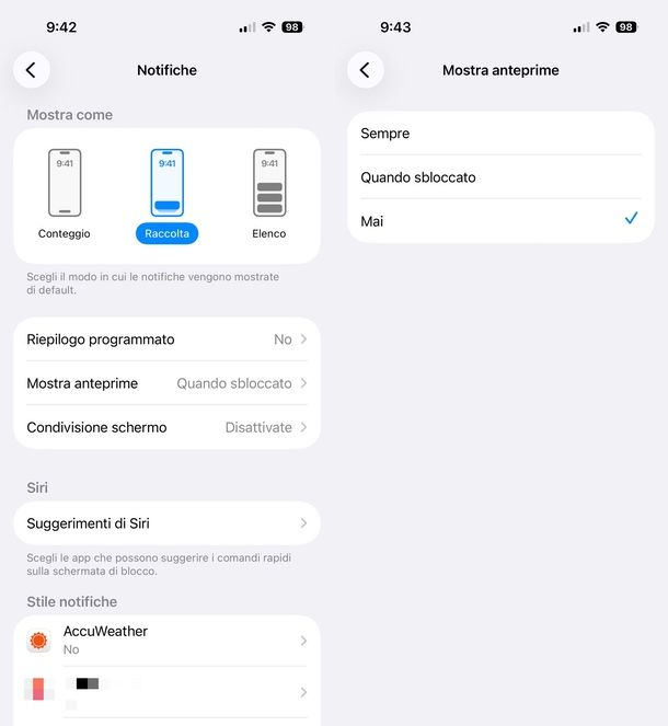 anteprima messaggi schermata di blocco iOS