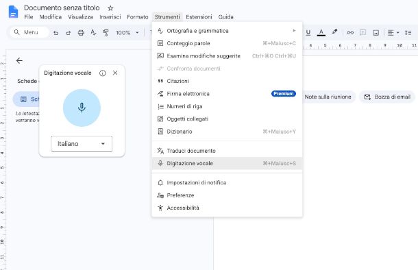 funzione Dettatura su Google Documenti