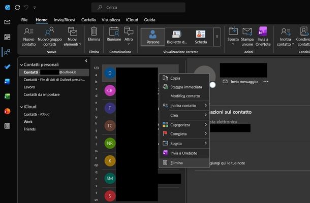 Eliminare contatto dalla rubrica Outlook 365 Windows