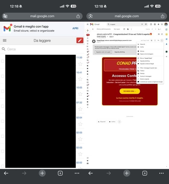Segnalare mail sospetta Gmail mobile