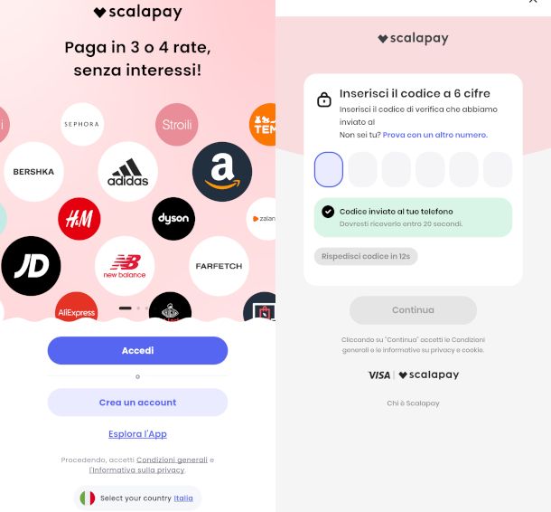 schermate registrazione Scalapay da app