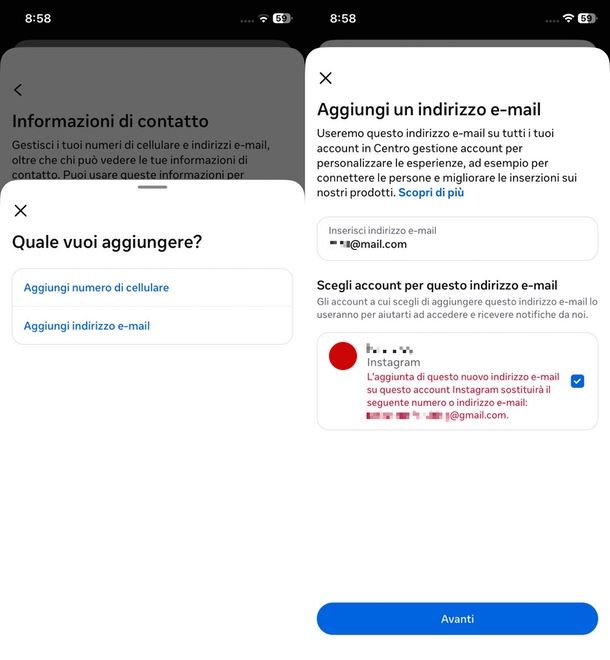 come cambiare email su Instagram da telefono