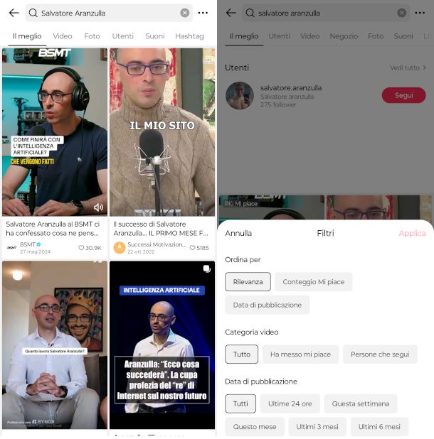 funzioni per ricerca persone su app TikTok
