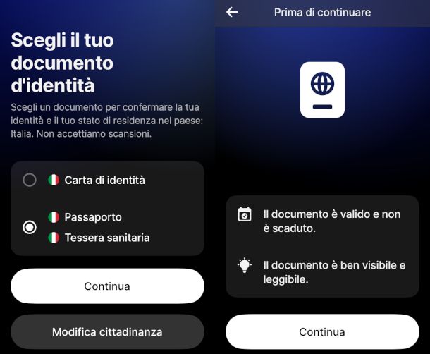 selezione documento d'identità app Revolut