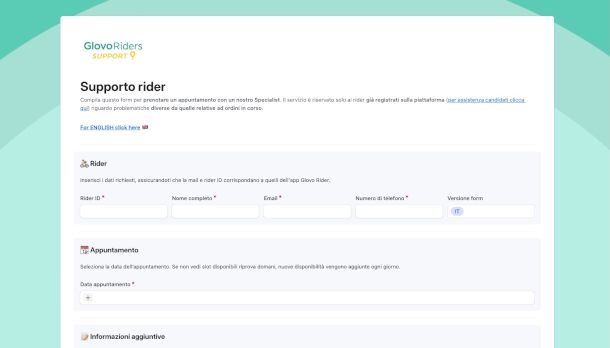modulo per appuntamento con spcialista Glovo per assistenza rider