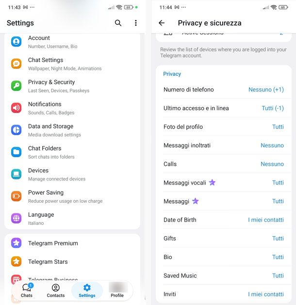 Impostazioni di privacy su Telegram