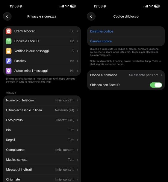 Mettere Face ID su app Telegram