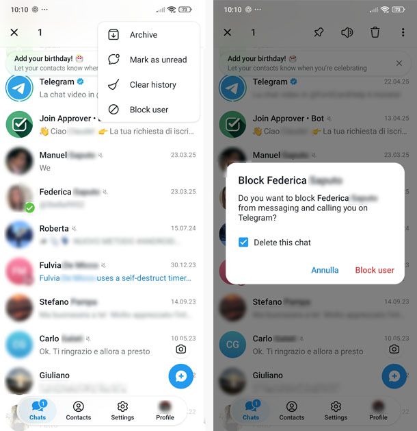 Bloccare un contatto su Telegram