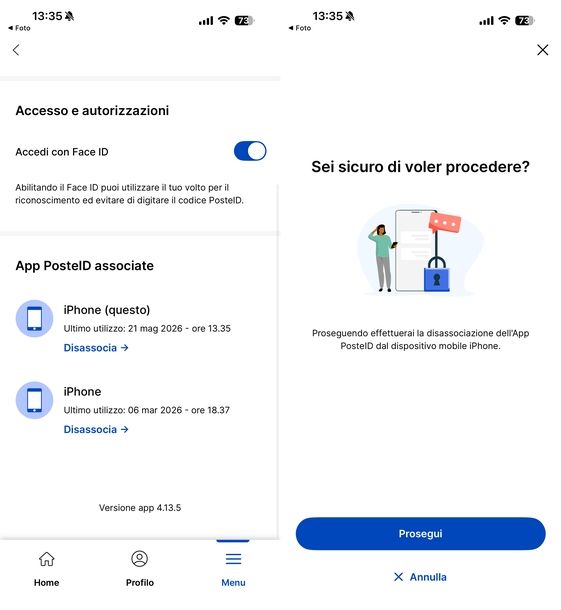 Dissociare dispositivo autorizzato app PosteID
