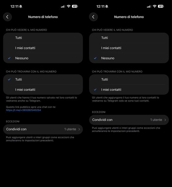 Nascondere numero di telefono Telegram iOS