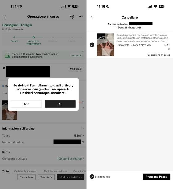 Annullare ordine SHEIN pagato app