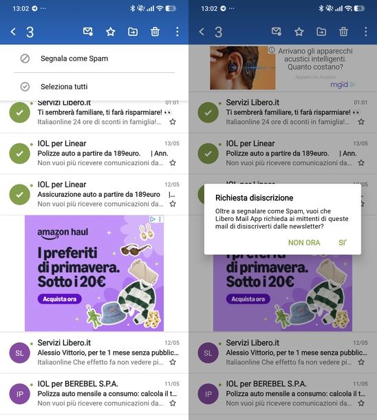 Segnalare mail sospetta Libero Mail Android