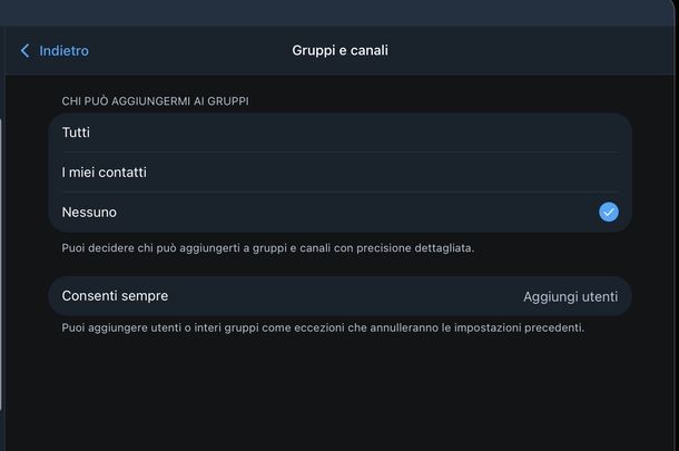 Disattivare aggiunta gruppi canali Telegram