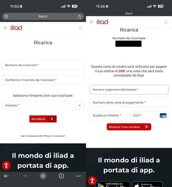 Pagare iliad manualmente con carta da sito Web