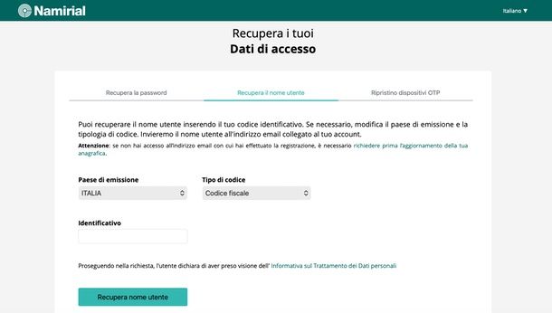 Namirial recupero credenziali SPID