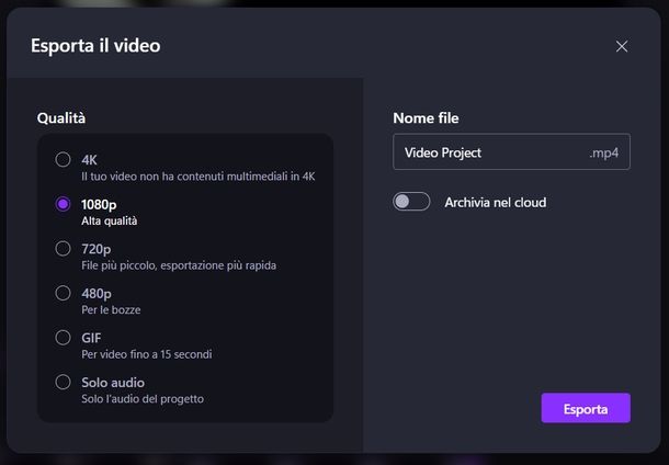 Togliere audio da video Clipchamp Windows
