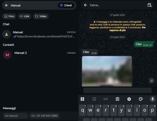 funzioni di ricerca su app Whatsapp