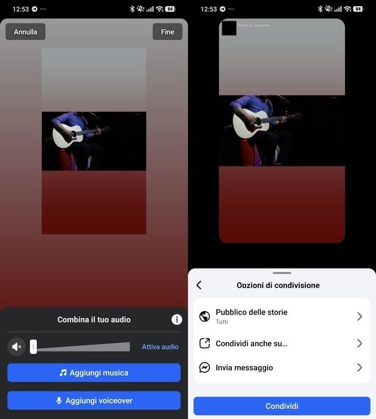 Togliere audio da video Storie Facebook