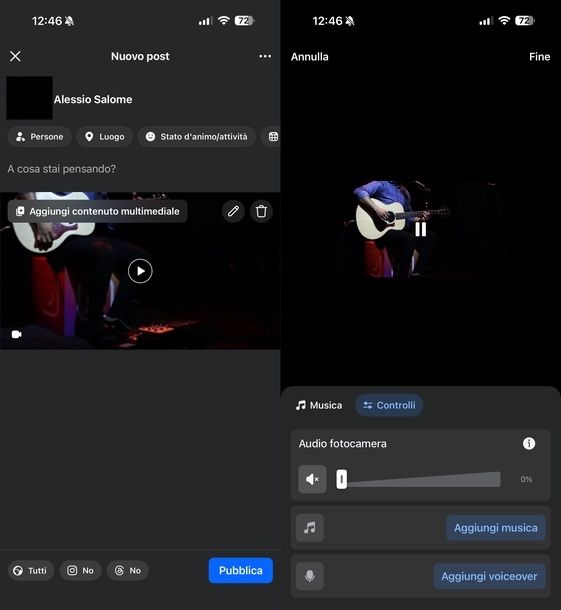 Togliere audio da video post Facebook