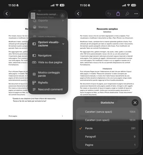 Contare caratteri Pages iOS
