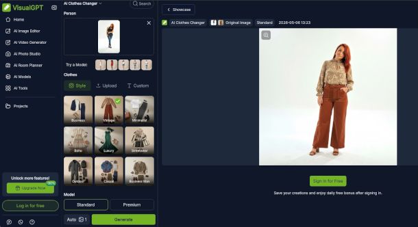 schermata sito Visual GPT AI Clothes Changer