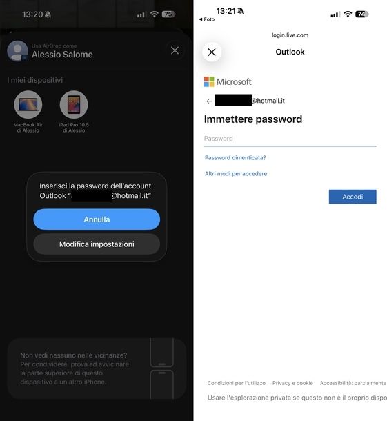 Reinserire password Outlook iOS