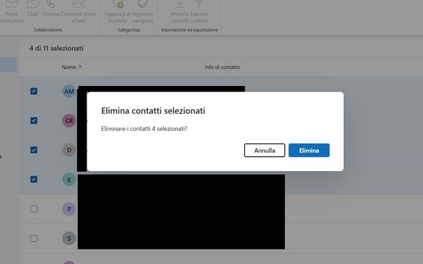 Eliminare contatto dalla rubrica Outlook Web