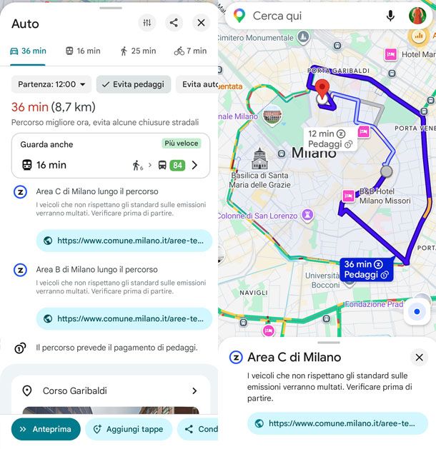 ZTL Milano su Google Maps