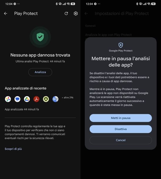 Disattivare analisi app Google Play Protect