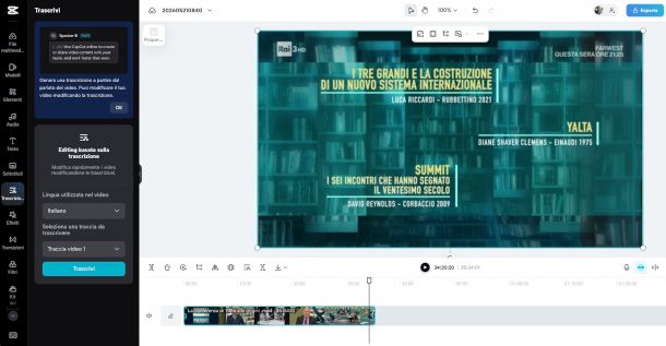 schermata interfaccia CapCut con funzione di trascrizione