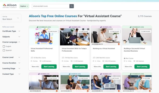 schermata corsi assistente virtuale su sito Alison