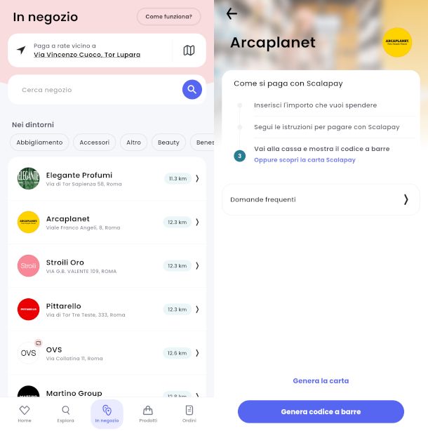 schermata pagamento in negozio app Scalapay