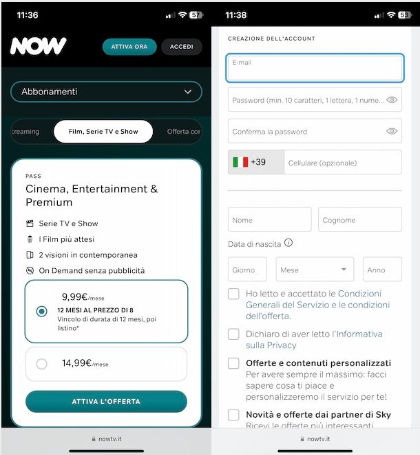 Attivare NOW da smartphone