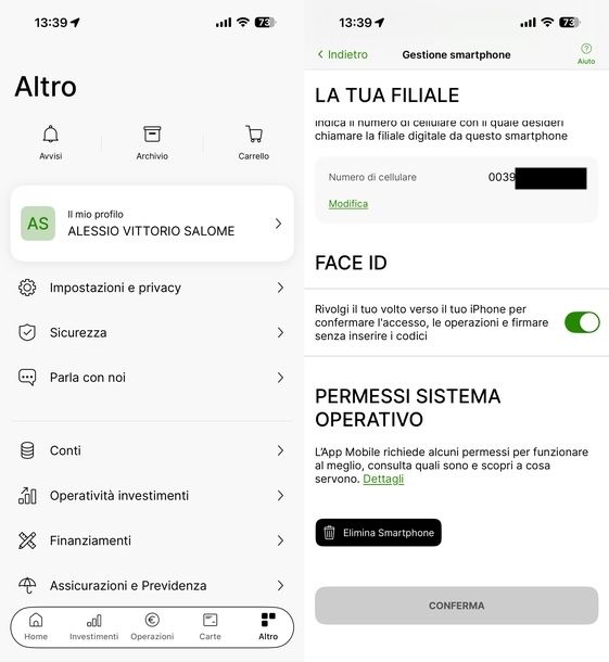 Mettere Face ID su app Intesa Sanpaolo