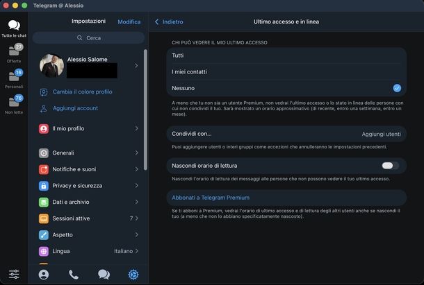 Nascondere ultimo accesso stato online Telegram macOS