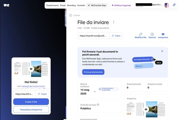 Come funziona WeTransfer link