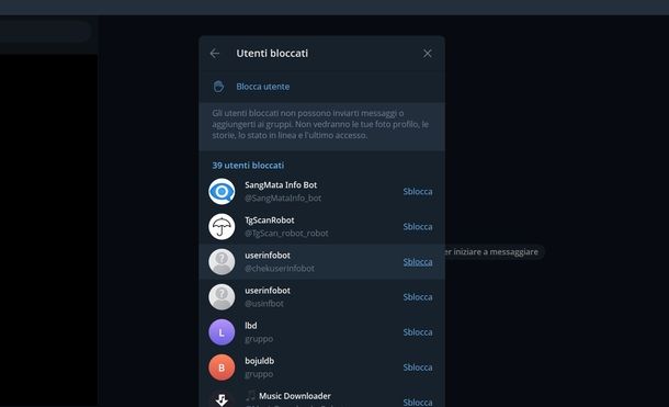 Togliere blocco utente Telegram Windows