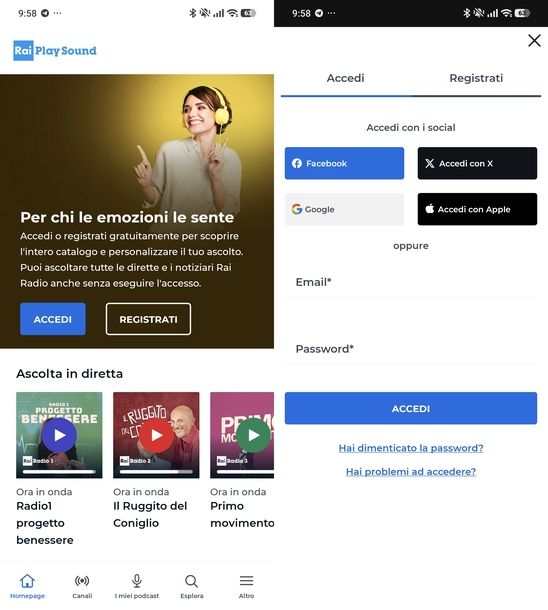 Accedere a RaiPlay Sound app