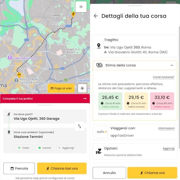 schermate app appTaxi