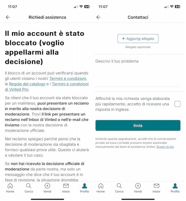 Riattivare account Vinted bloccato