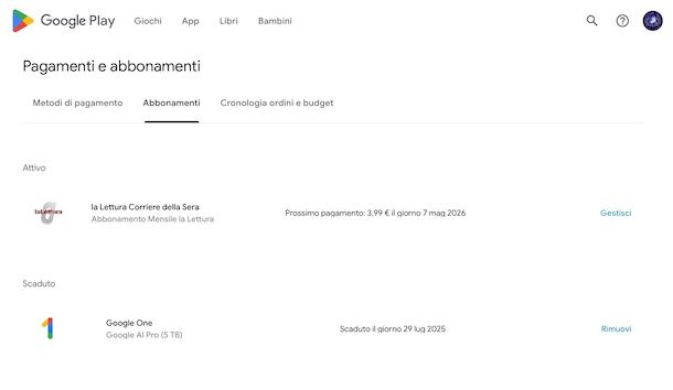 Disattivare abbonamenti Google Play da computer