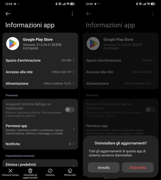 Disinstallare aggiornamenti Google Play Store