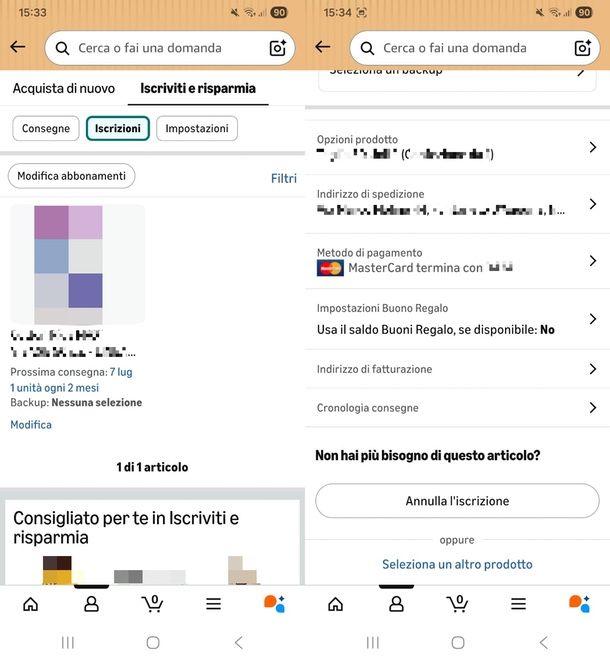 come annullare Iscriviti e Risparmia Amazon da app