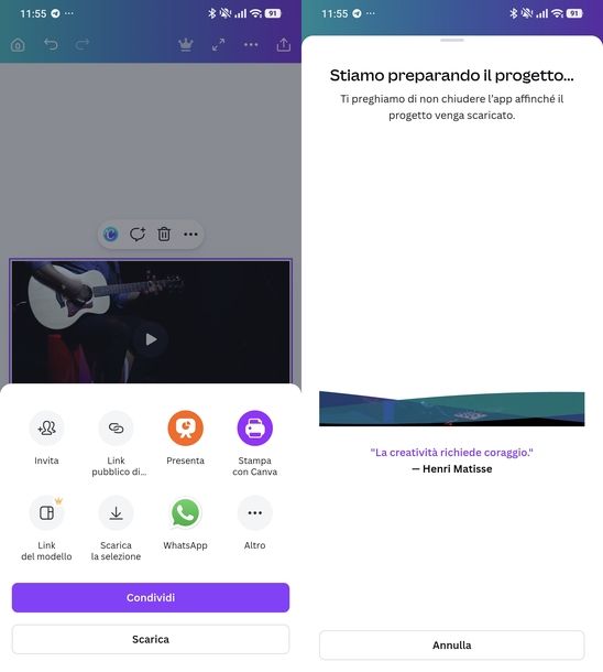 Togliere audio da video Canva Android