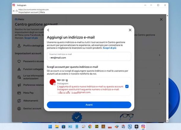 cambiare email Instagram app desktop