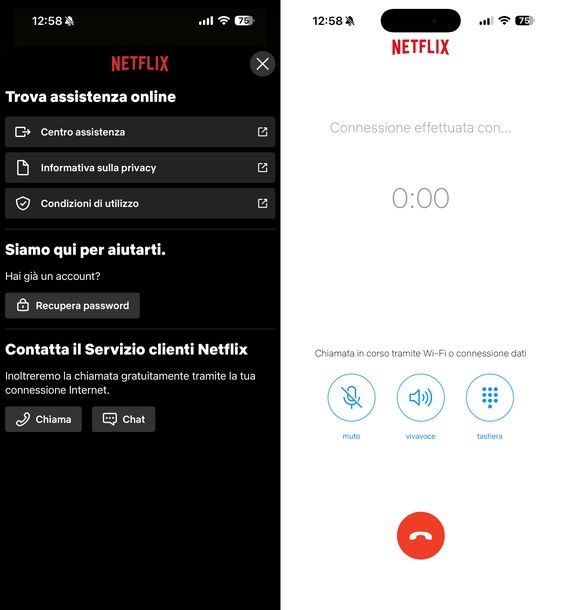 Contattare servizio clienti Netflix da app
